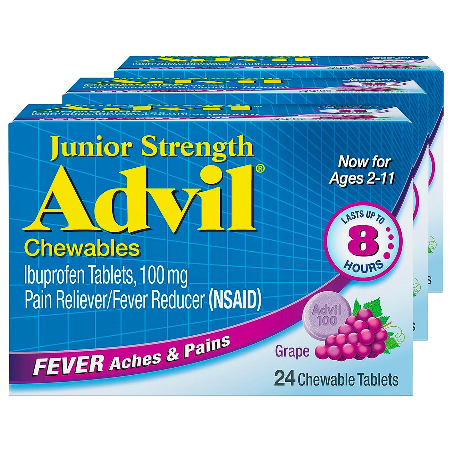 Advil Junior Strength - Chewable Children's Ibuprofen for Pain Relief and Fever Reducer - Grape - 24 Tablets (Pack of 3)