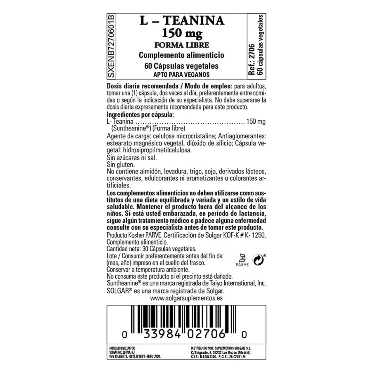 Solgar - L Theanine 150 Mg - 60 Capsules