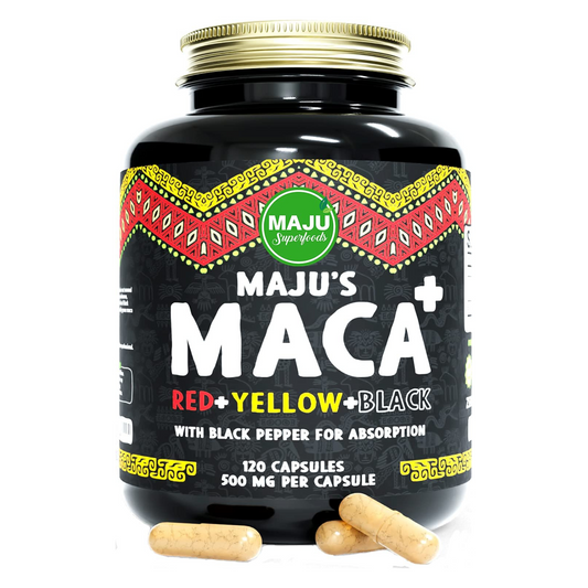 Maju Superfoods - Strongest Maca Capsules, Red+Yellow+Black, Black Pepper Extract for Absorption - 120 Capsules
