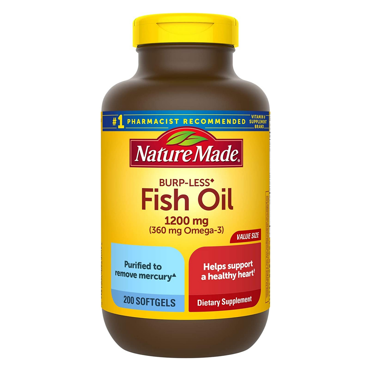 Nature Made - Burp Less Fish Oil 1200 mg, Omega 3 Fish Oil - 200 Softgels